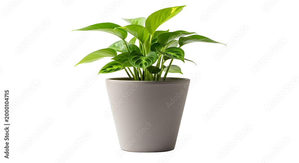Fototapeta premium Peace lily plant in a modern gray pot with vibrant green leaves