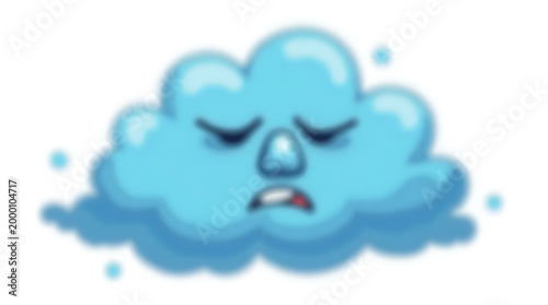 Sad fluffy blue cartoon cloud with angry face expression