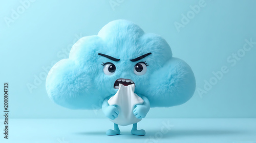 Furry blue cloud character with angry face holding ice cream on light blue floor