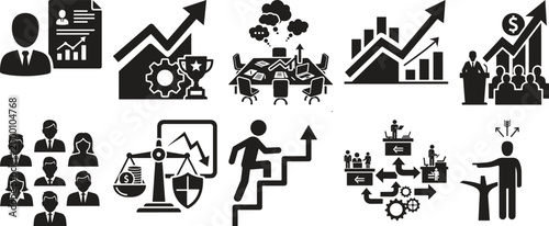Black and white of diverse people, activities, and symbols in a flat style silhouettes