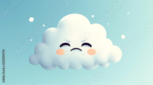 Cute cartoon cloud with a frowning face floats in a serene light blue sky with scattered dots of varying sizes