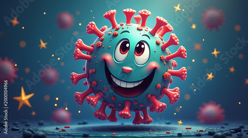 Colorful smiling cartoon virus character surrounded by stars and particles on dark blue