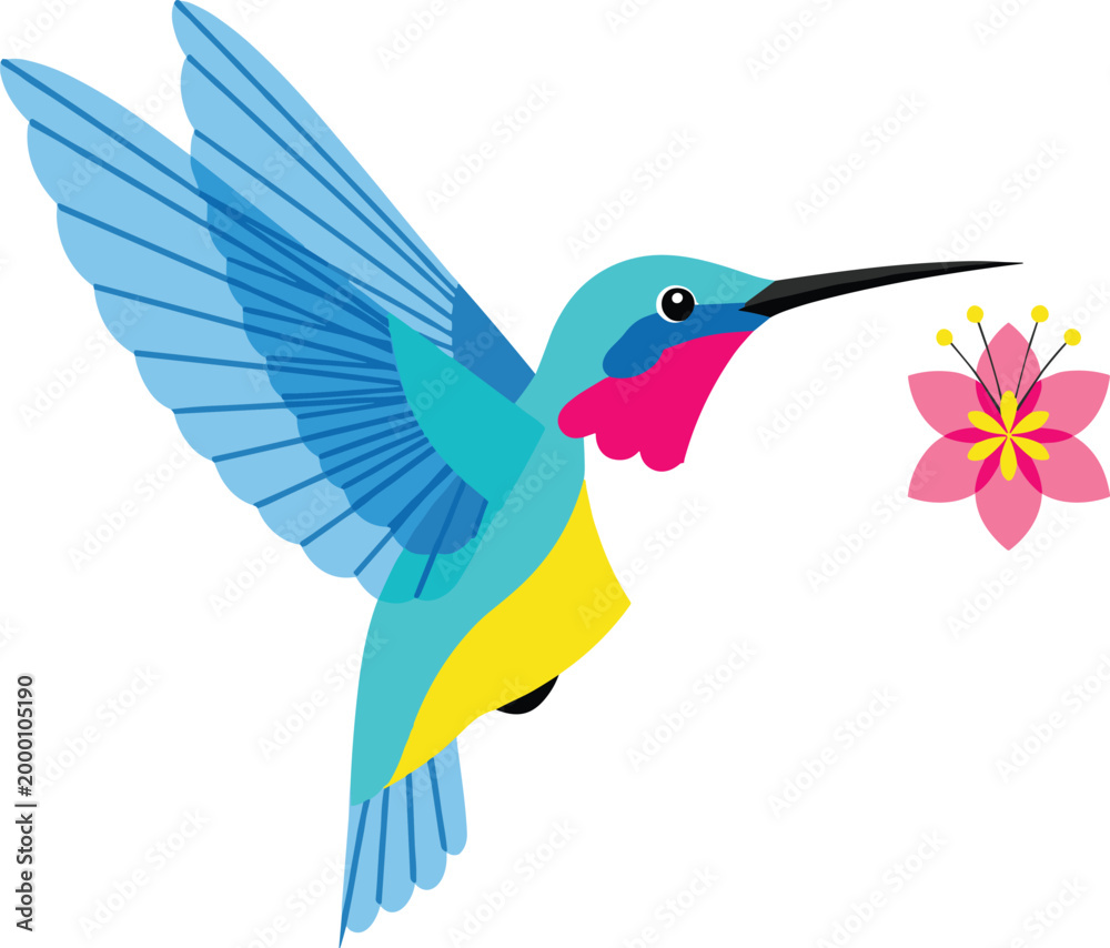 Fototapeta premium Colorful Hummingbird Vector Illustration Featuring a Vibrant Blue and Pink Tropical Bird Hovering Near a Pink Flower for Nature, Wildlife, and Botanical Graphic Design Projects