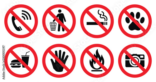 Foto Restriction sign icon collection, red prohibition circle symbols for no phone, no littering, no smoking, no pets, no eating, no fire and no photography vector set