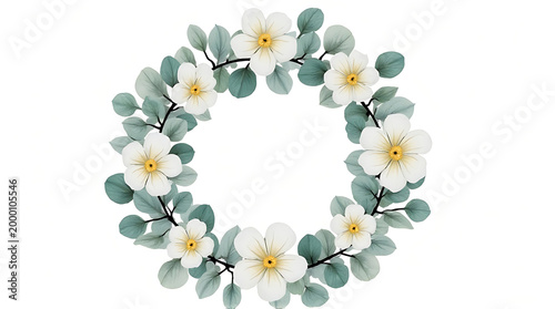 Floral wreath with white flowers and green leaves on plain surface
