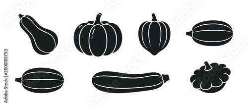 Pumpkin and Squash Set Icons - Flat Black Vector Illustrations Collection for Autumn Harvest, Healthy Food Design, Organic Vegetable Symbols for Seasonal Menus, Farming Graphics, and Kitchen Ingredien