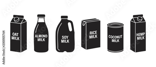 Plant-based milk icon set featuring oat, almond, soy, rice, coconut, and hemp milk cartons and bottles for vegan diet and dairy-free lifestyle concepts, minimalist black vector graphic collection on w