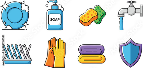 Cleaning Hygiene Household Tools Icons Set Isolated on White Background