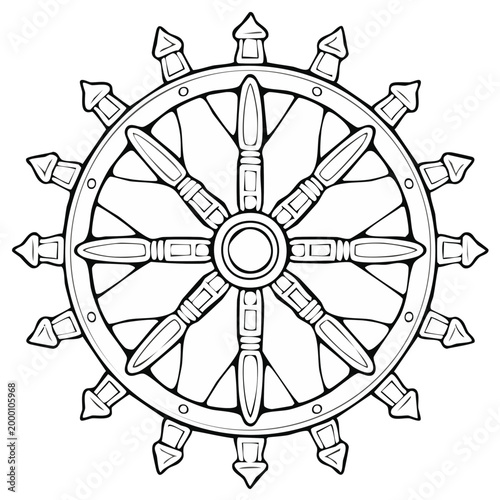 Dharmachakra icon of Buddhism in detailed monochrome illustration of a wheel with eight spokes represents the Eightfold Path