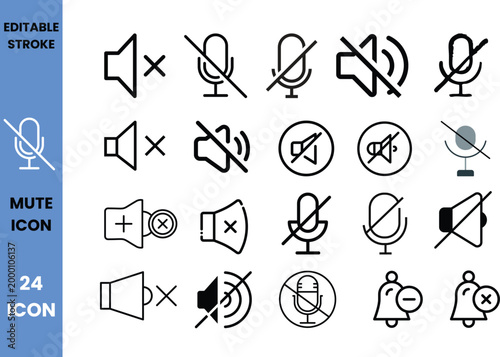 Collection of 24 editable stroke icons for mute sound microphone settings with microphone interface communication notification pictogram illustration editable. 