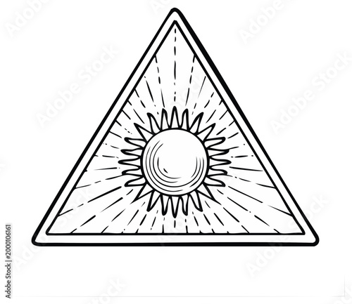 Stylized sun symbol inside a triangle radiating light rays stylized illustration