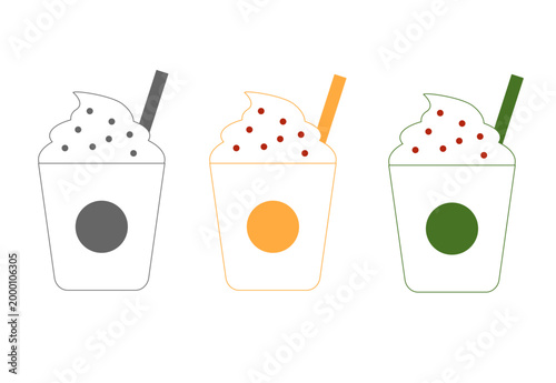 Cafe drink icon set, takeaway cups in three color variations, simple flat design