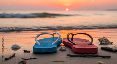 Relaxing summer vacation travel scene featuring stylish footwear and sandals on the sun-drenched sand of a tropical island beach near the turquoise ocean shore with snorkeling gear and sunglasses