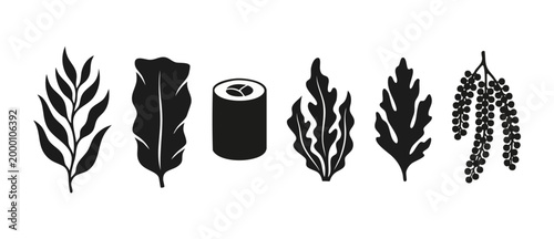 Seaweed and Sushi Icon Set, Minimalist Black Silhouette Vector Graphics of Marine Plants and Japanese Food Roll for Menu Design, Culinary Ingredients and Oceanic Flora Collection for Graphic Projects