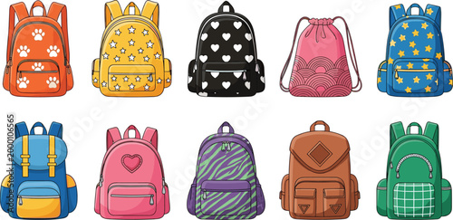 Colorful School Backpack Icon Set with Various Patterns Including Stars, Hearts, Paw Prints, Zebra Stripes, and Drawstring Bag Designs for Education and Travel
