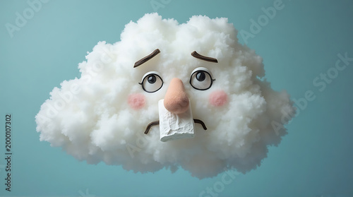 Fluffy cloud character with sad expression and tissue nose on blue
