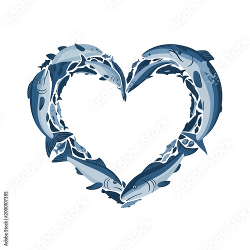 Heart shape made of fish, seafood love, ocean life, marine animal art