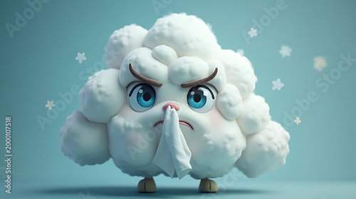 Cute fluffy cloud character with sad expression and blue eyes on light blue gradient