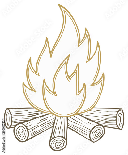 Stylized campfire illustration showcasing warmth, adventure and rustic charm with hand drawn wood logs & flickering flames.