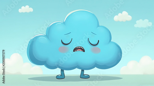 A cartoon blue cloud with a sad face and rosy cheeks standing on a green field with fluffy clouds in the sky