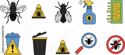 Fly Pest Control Insect Warning Icons Set Isolated on White Background