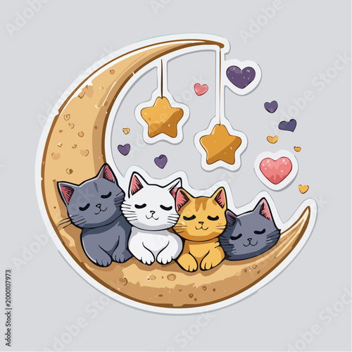 Cute Cats Sleeping on Crescent Moon with Stars and Hearts