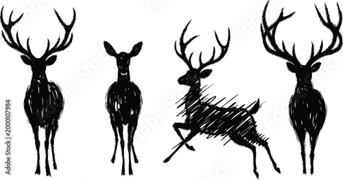 Deer silhouettes, black deer icons, reindeer illustrations, wildlife graphics