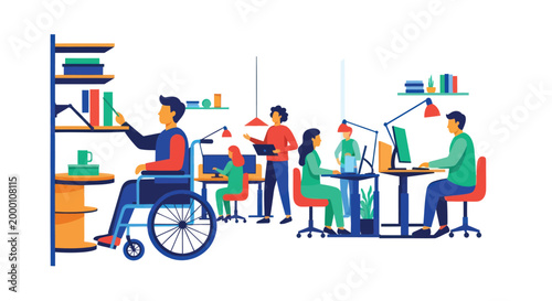 Diverse office team, inclusive workplace, people with disability, coworkers collaboration, modern workspace