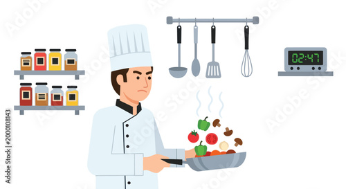 Chef cooking vegetables, kitchen utensils, cooking pan, culinary skills, food preparation