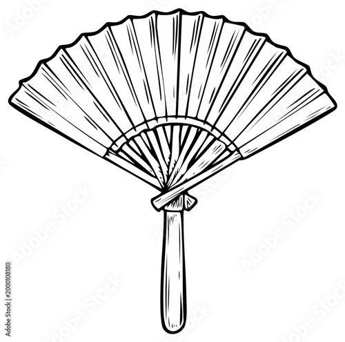 Open handheld folding fan with wooden handle and ribbed structure artistic line drawing