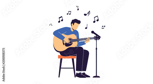 Musician playing guitar, acoustic guitar player, musical notes, singer songwriter