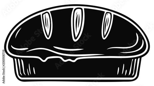 Black and white illustration of a baked pie with a glossy top and score marks