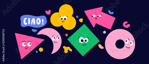 Design with geometric figure faces and Ciao world on blue background. Color shapes with funny elements.