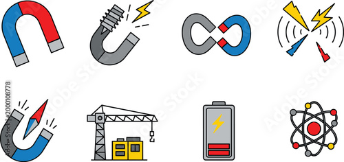 Magnet Energy Color Icons Set with Physics Symbols