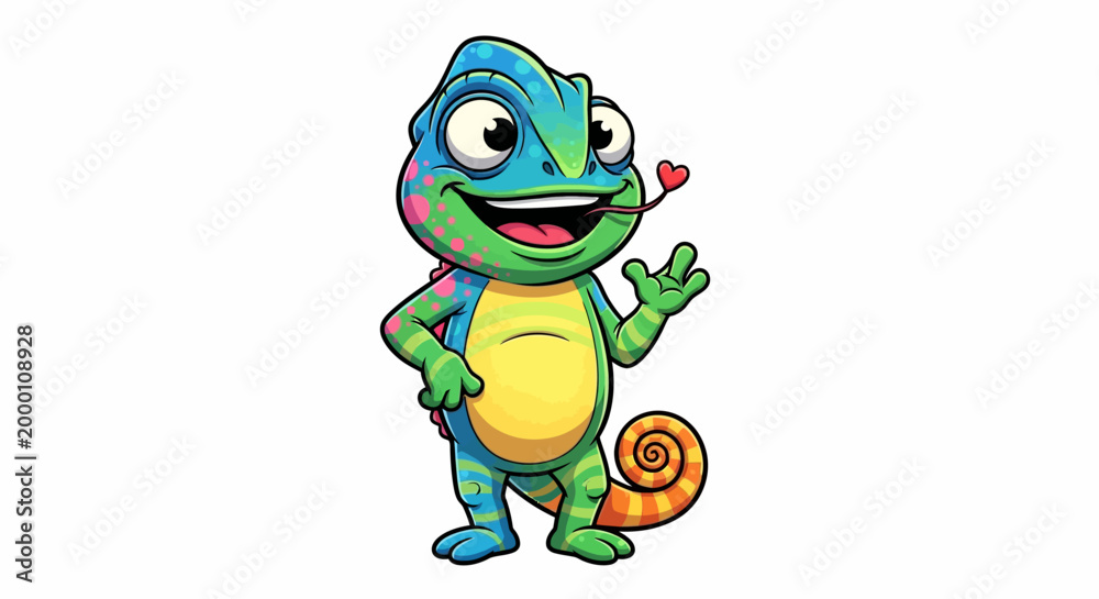 Obraz premium Cartoon chameleon mascot smiling and waving hello on white background