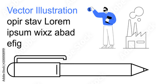 Business planning, industrial innovation, creativity, corporate tools, professional development, industrial economy. Male figure with clipboard near a factory and pen outline. Business planning