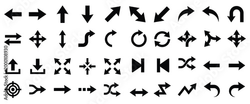 Collection of various black arrow icons on for navigation and direction
