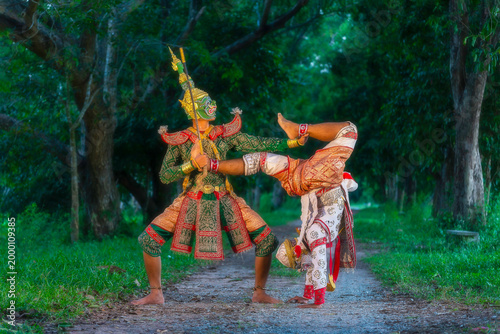 Khon is a dance drama genre from Thailand. Khon is traditional dance drama art of Thai classical masked, Scene of performance is Ramayana epic.