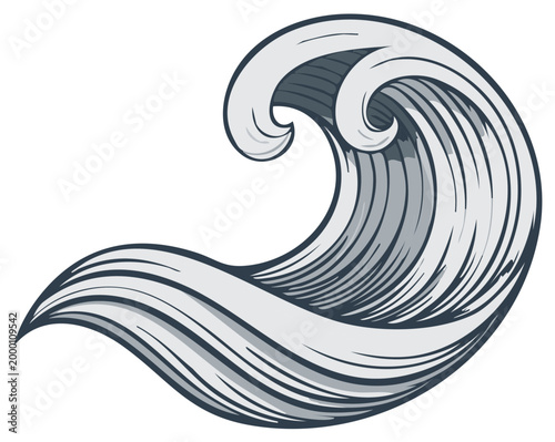 Stylized Illustration of a Large Ocean Wave Rising with Curved Crests