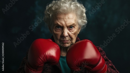 An elderly woman with a fierce gaze and boxing gloves, ready to challenge social issues and fight for justice.