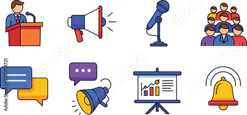 Public Speaking Communication Icons Set Isolated on White Background