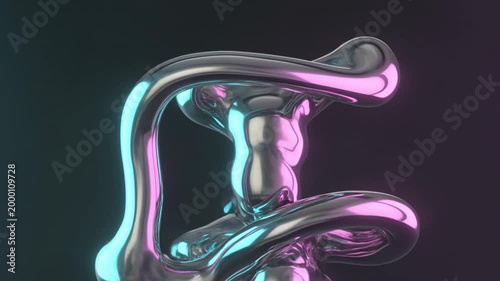 Shiny liquid metal abstract shapes morphing and flowing organically, reflective chrome surface with neon highlights, dark background, smooth fluid motion graphics loop