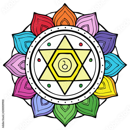 Colorful mandala illustration with star symbol and floral elements