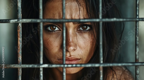 An emotive portrait of a woman standing behind a metal fence, her eyes filled with sorrow, suitable for documentaries on social issues, reflecting themes of separation and struggle