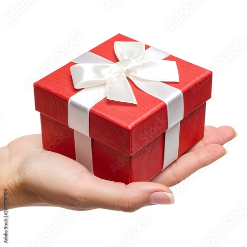 A hand holding a small, red gift box with a white ribbon
