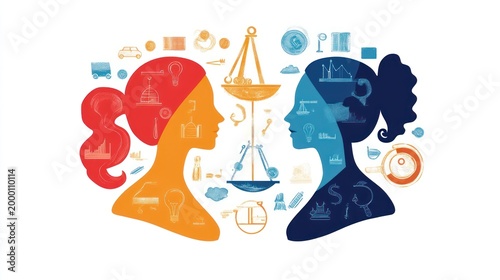 An illustration symbolizing gender inequality, with contrasting male and female icons, representing the struggles for equality and justice in the workforce