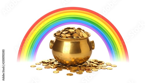 A shiny gold pot filled with coins under a vibrant rainbow