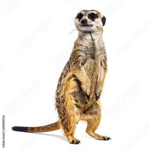 A standing meerkat with brown fur and a bushy tail