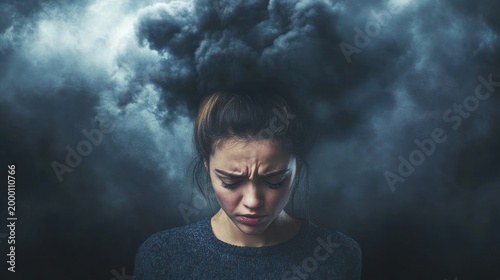 An upset woman with a dark cloud above her head, conveying emotions related to depression, stress, and societal pressure