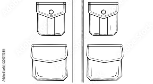 Detailed illustration of utility jacket pockets in various styles, featuring buttoned flaps and stitching, on a white background